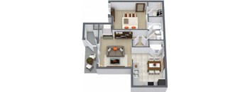 A 3D floor plan of a house showing a living room, kitchen, and dining area.