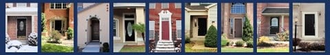 a group of pictures of a house with steps and a door