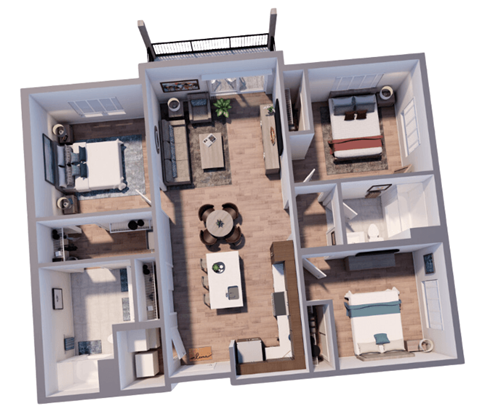 3d floor plan of a house with a bedroom and a living room