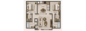 A floor plan of a house with two bedrooms, a living room, a kitchen, a pantry, and two bathrooms.