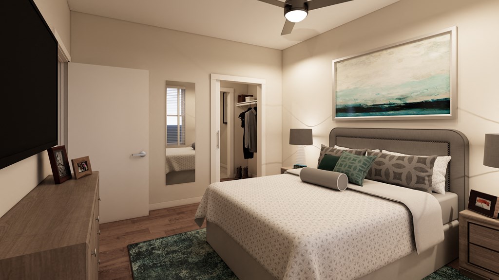 a rendering of a bedroom with a bed and a tv at The Virginia, Seguin