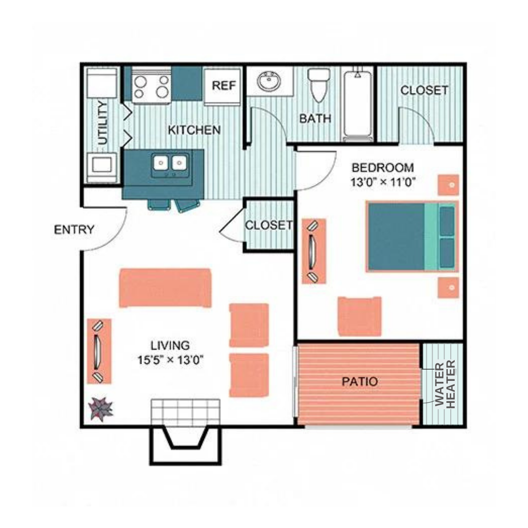 1 Bed 1 Bath Floor Plan at  Wildwood Apartments, CLEAR Property Management, Austin, Texas