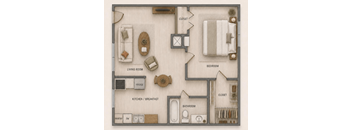 A floor plan of a small apartment with a living room, kitchen, bedroom, bathroom, and closet.