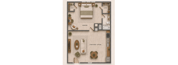 A floor plan of a small apartment with a bedroom, living room, and kitchen.