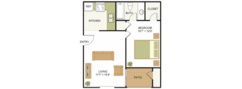 A floor plan of a small apartment with a living room, kitchen, bedroom, and bathroom.