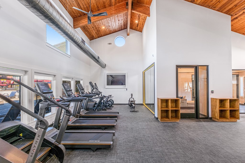 A gym with treadmills, exercise bikes, and a television.