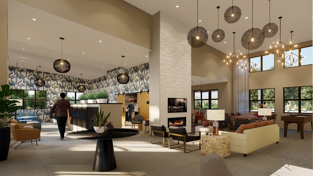 a rendering of the lobby of a hotel with couches and chairs at The Virginia, Seguin, TX