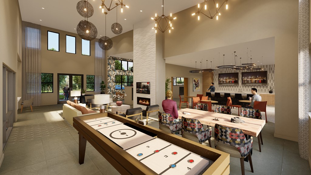 a rendering of the lobby of a restaurant with tables and chairs at The Virginia, Seguin Texas
