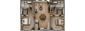 Two bedroom floor plan with open living area at Creekline Apartments, Austin, TX 78757