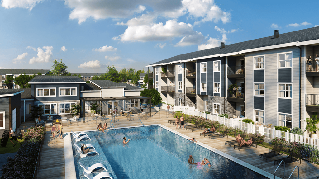 a rendering of an apartment complex with a swimming pool at The Virginia, Seguin, TX