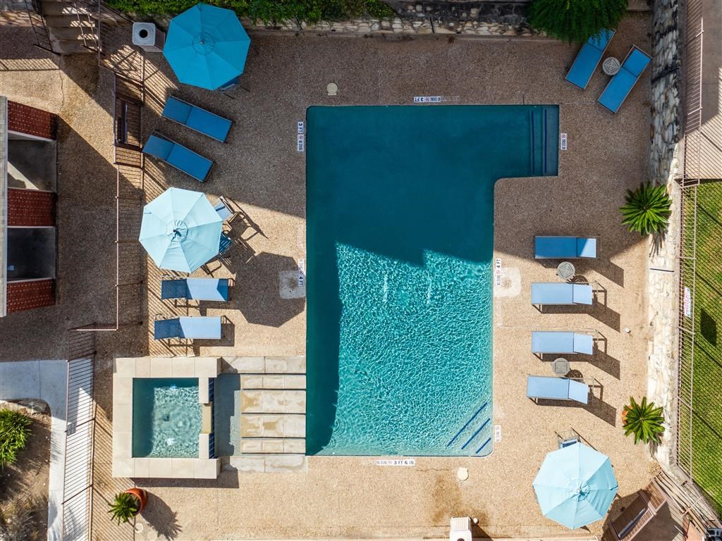 Aerial View Of Pool at Wildwood Apartments, CLEAR Property Management, Austin, TX
