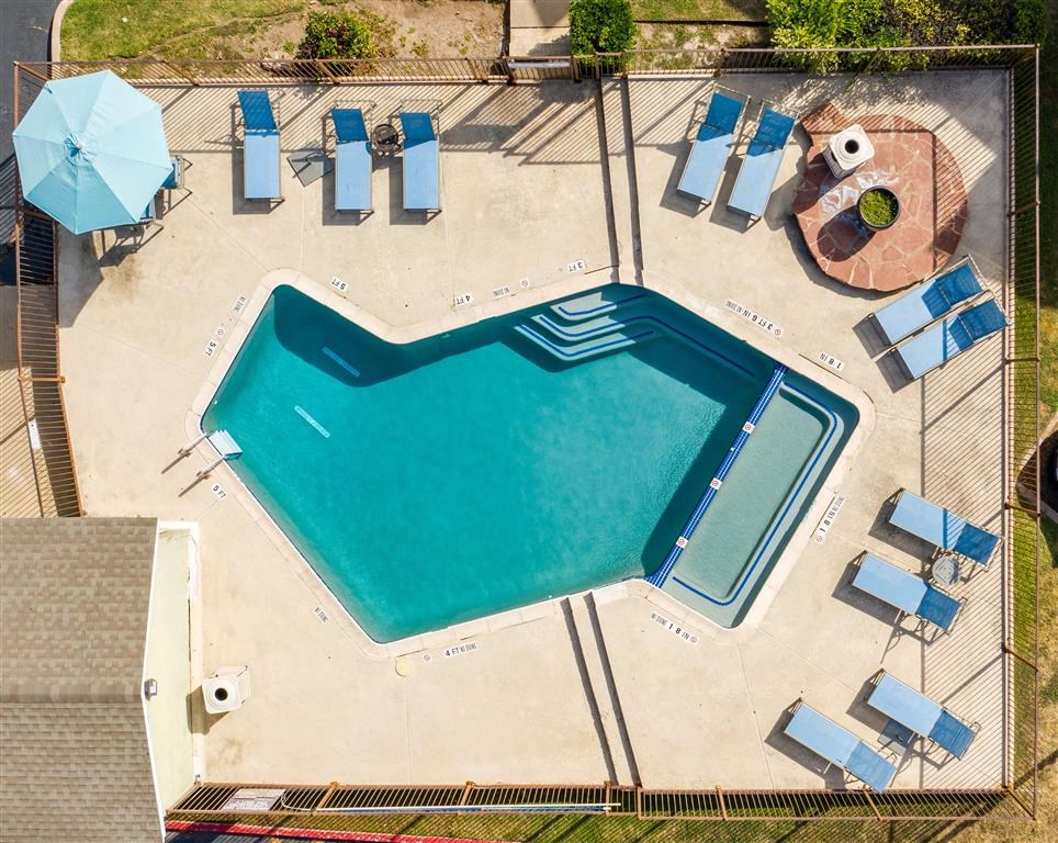 Drone View Of Pool at Wildwood Apartments, CLEAR Property Management, Austin, TX