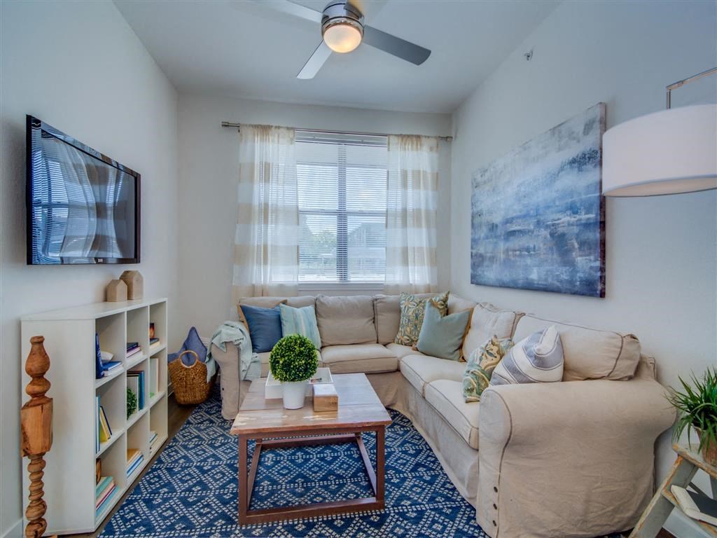 Living Room With Ceiling Fan at Aviator at Brooks, San Antonio, 78235