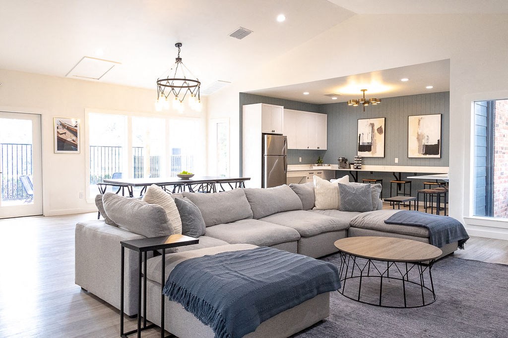 a living room with a large couch and two tables  at Sunset Canyon, Texas