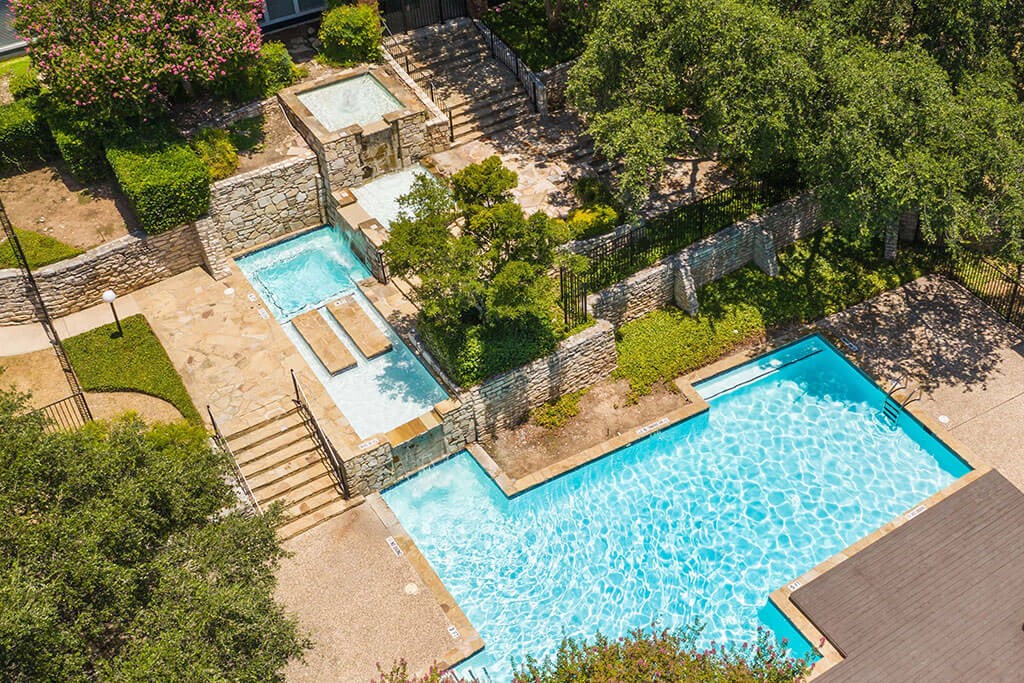 an aerial view of a resort style pool and spa  at Sunset Canyon, San Antonio, TX, 78232