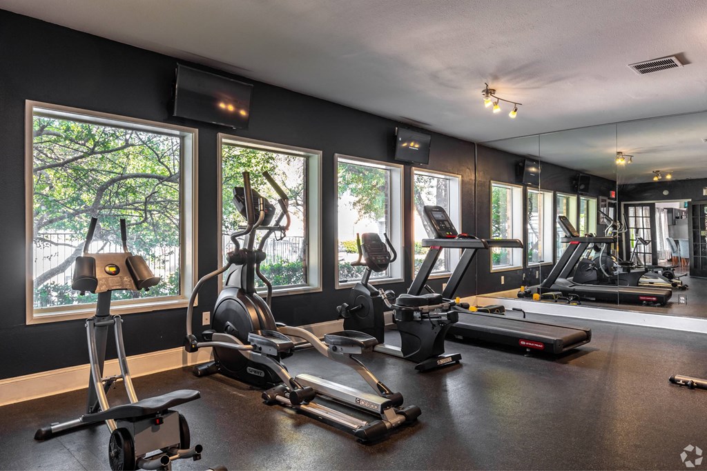 the gym has plenty of exercise equipment and views of the trees