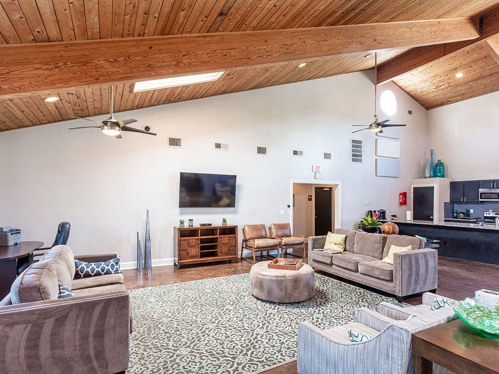 a living room with couches and chairs and a television