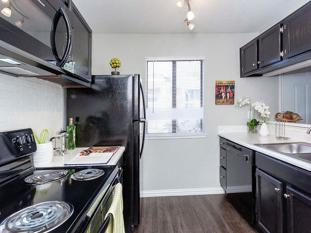 a kitchen with black appliances and a window