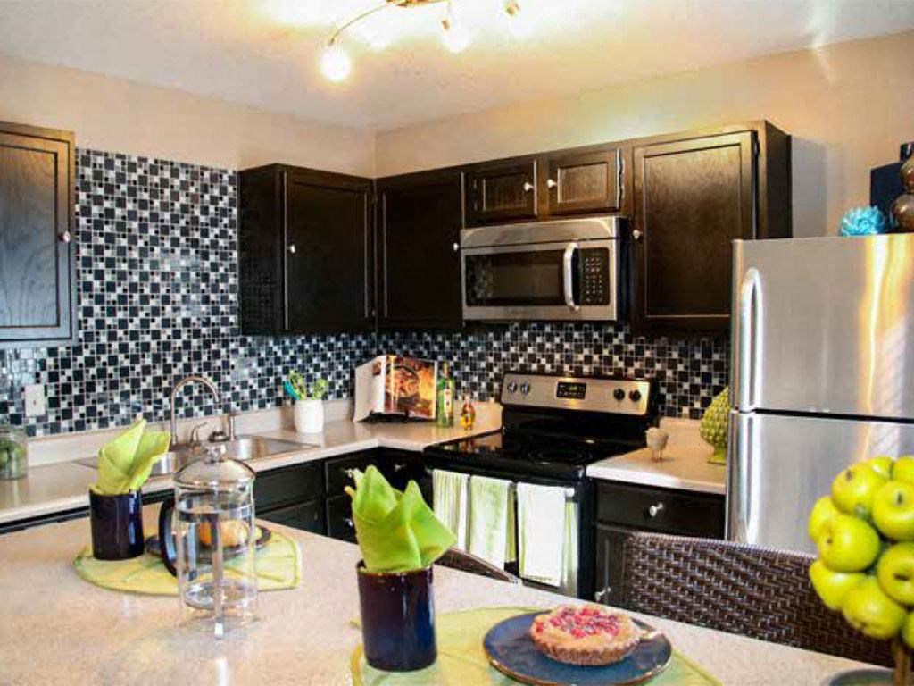 a kitchen with black cabinets and stainless steel appliances at Water Ridge Apartments, Texas, 75061