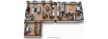 A 3D rendered image of a house layout.