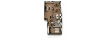 A floor plan of a house with a living room, dining area, kitchen, breakfast nook, hall, bath, and bedroom.
