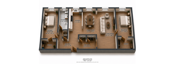 A floor plan of a house with a living room, kitchen, and several bedrooms.
