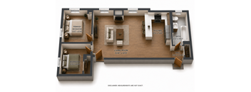 A diagram of a living room and two bedrooms with furniture and measurements.