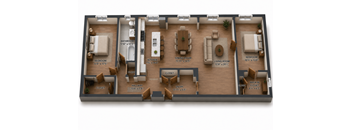 A 3D rendered image of a house layout.