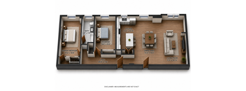 A floor plan of an apartment with a living room, dining area, kitchen, and multiple bedrooms.