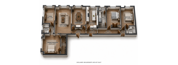 A floor plan of an apartment with a living room, dining room, kitchen, and several bedrooms.