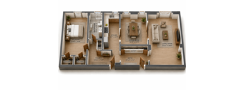 A 3D floor plan of a house with a living room, kitchen, dining room, and bathroom.