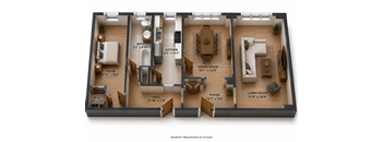 A 3D rendered image of a house layout with a living room, dining room, kitchen, bathroom, and foyer.