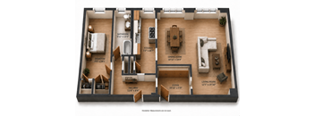 A 3D floor plan of an apartment with a living room, dining room, kitchen, and bathroom.