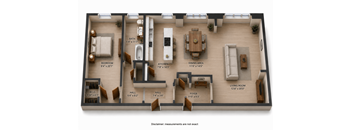 A 3D rendered image of a house layout with a living room, dining area, kitchen, and bedrooms.