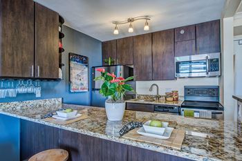 a kitchen with a granite counter top