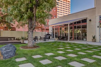 a courtyard with a tree and a building in the background