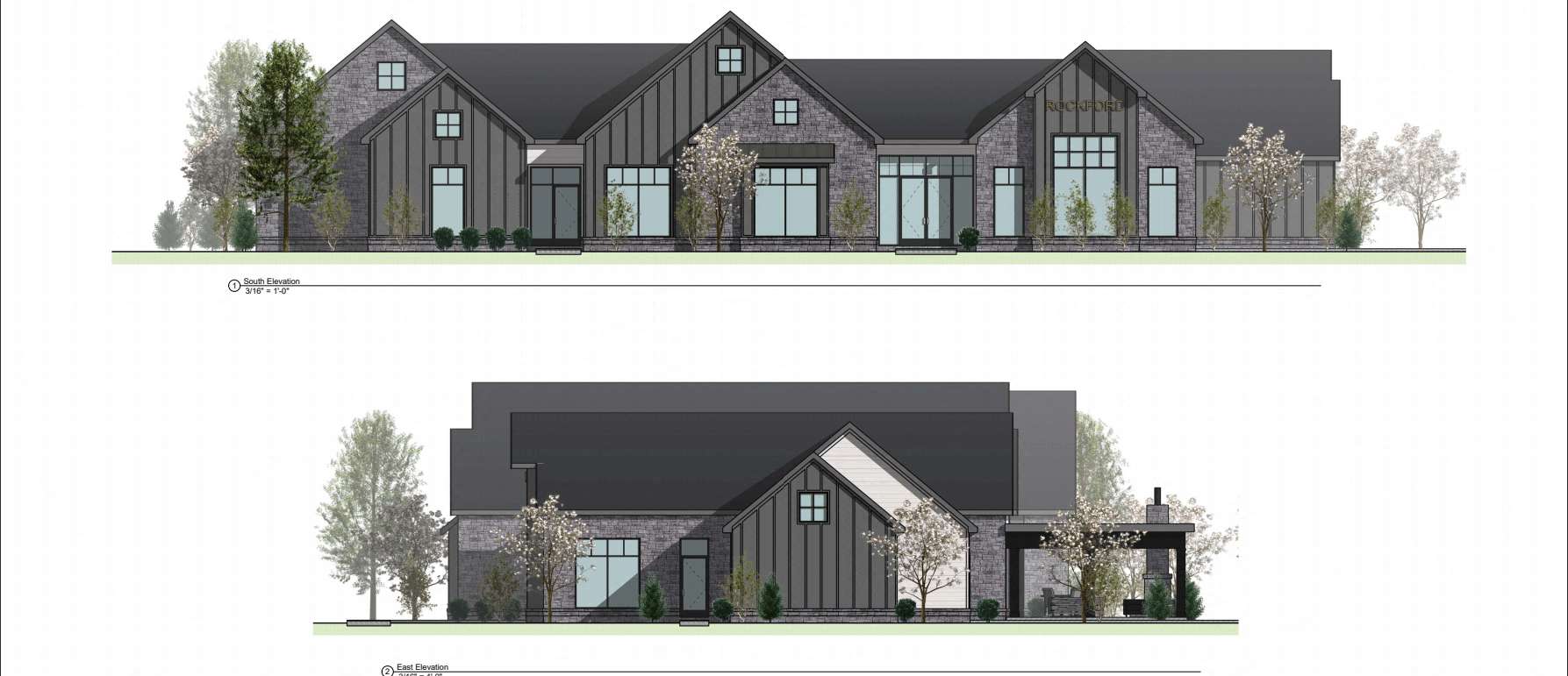 a rendering of a house and a building with trees