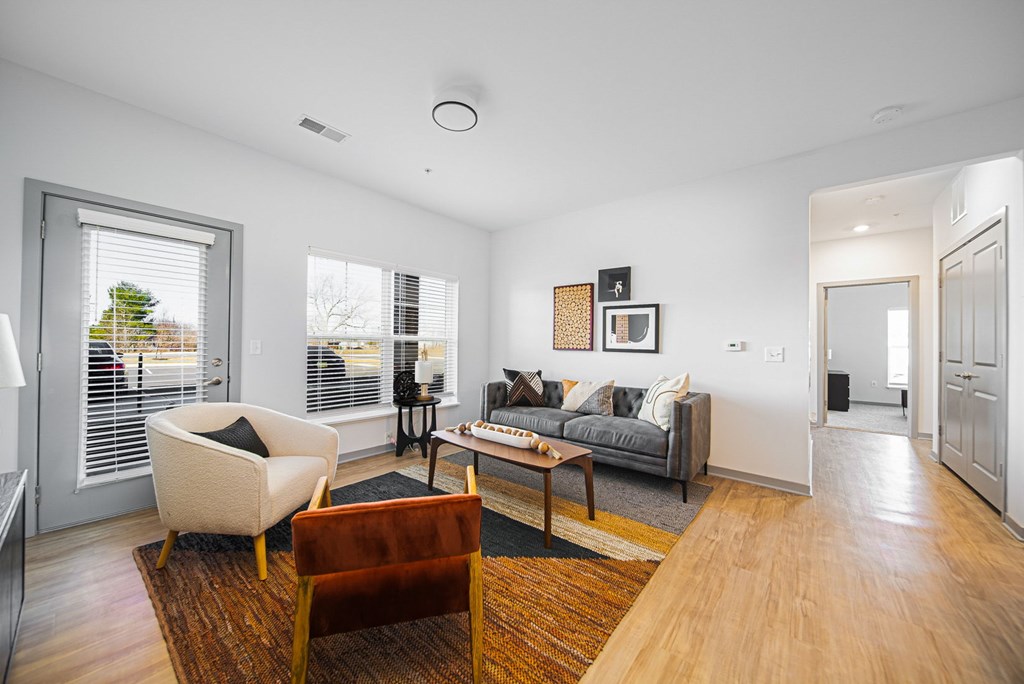 A living room with a couch, chair, and rug.