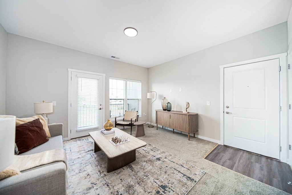 A living room with a grey couch, a coffee table, and a rug.