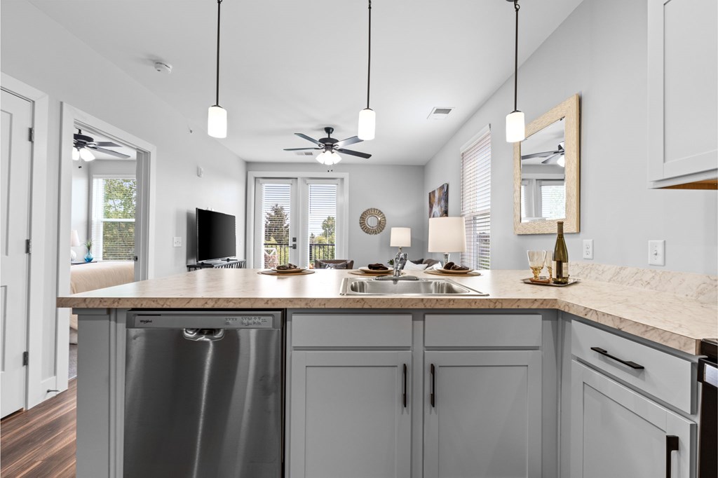 A modern kitchen with a stainless steel dishwasher and a marble countertop.