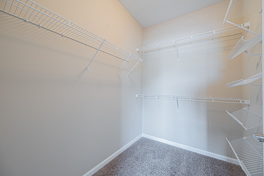 a spacious walk in closet in an empty room with empty shelves