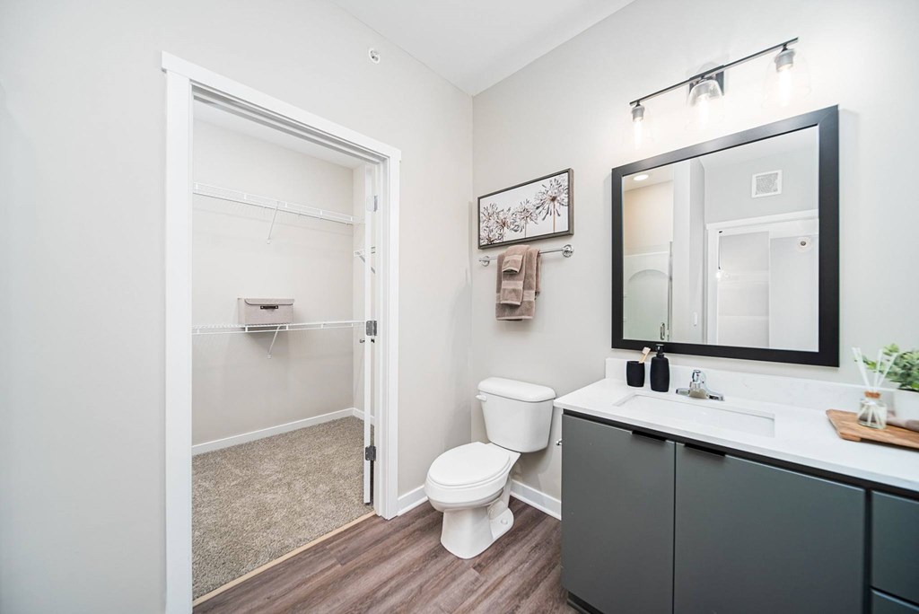 A bathroom with a toilet, sink, and mirror.