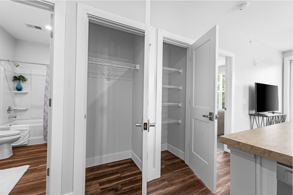 A white bathroom with a walk-in shower and a wooden floor.