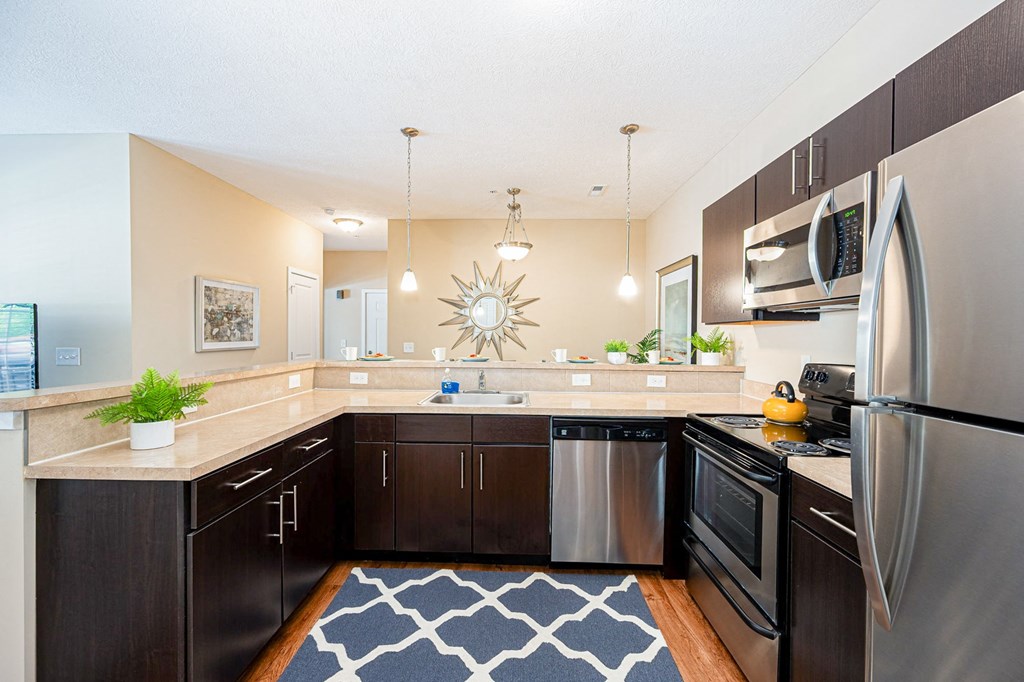 a kitchen with stainless steel appliances and black cabinets