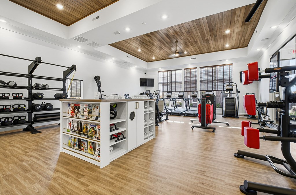A gym with a variety of equipment including weights and cardio machines.