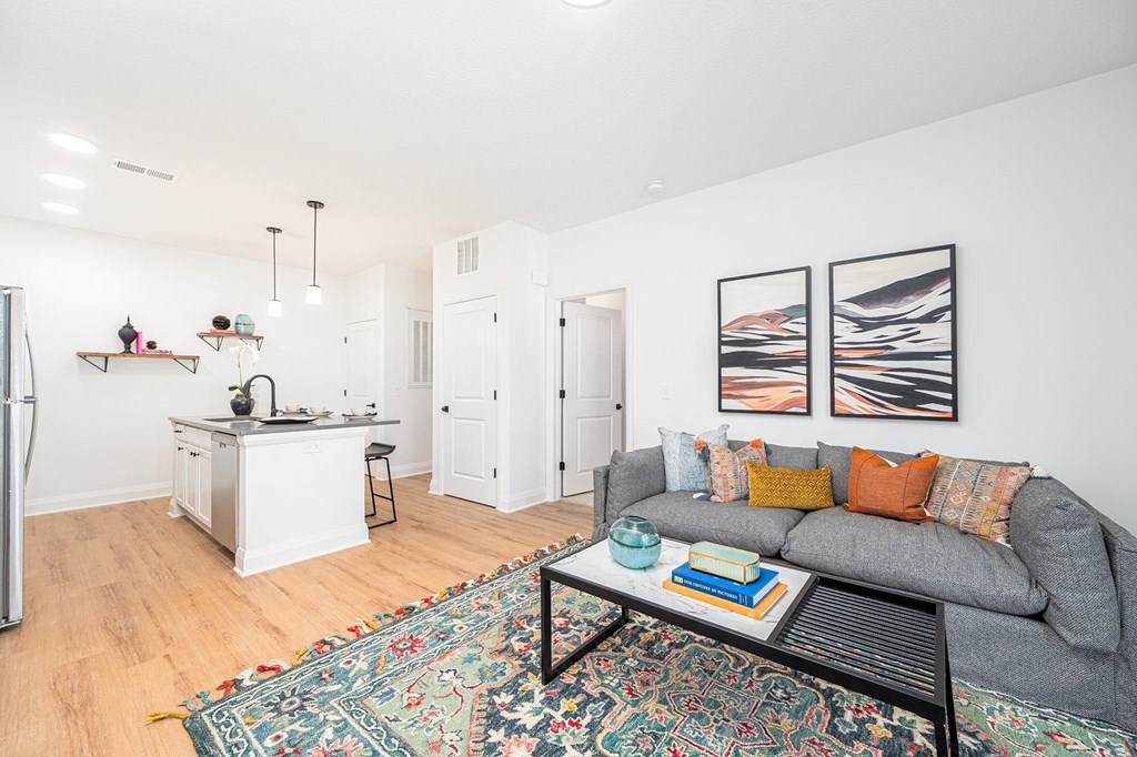 A living room with a grey couch and a rug on the floor.