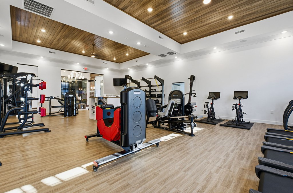 A gym with a variety of equipment including a rowing machine.