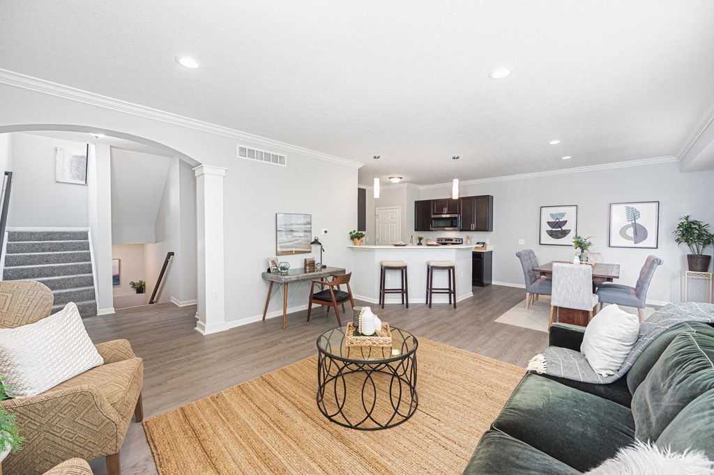 a living room with a couch and a table