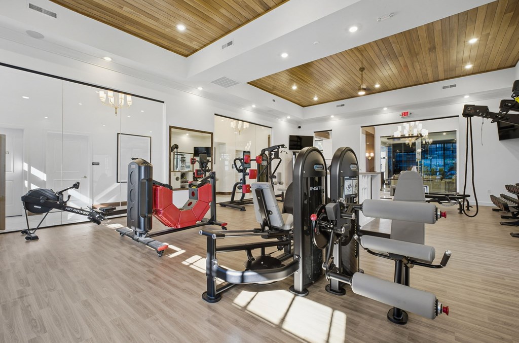 A gym with a variety of equipment including a treadmill, weights, and a rowing machine.