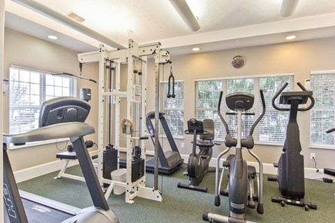 a gym with cardio machines and weights at the enclave apartments